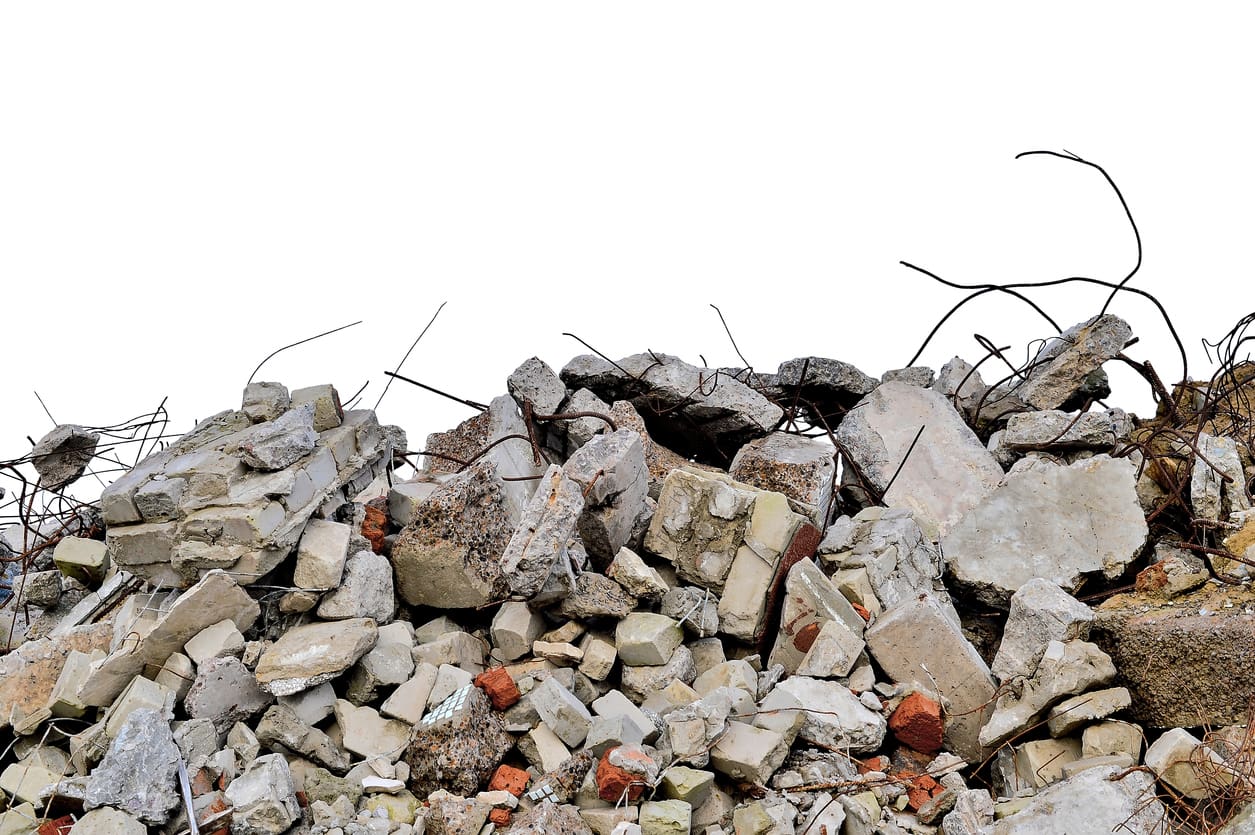 Demolished concrete rubble prepared for aggregate recycling