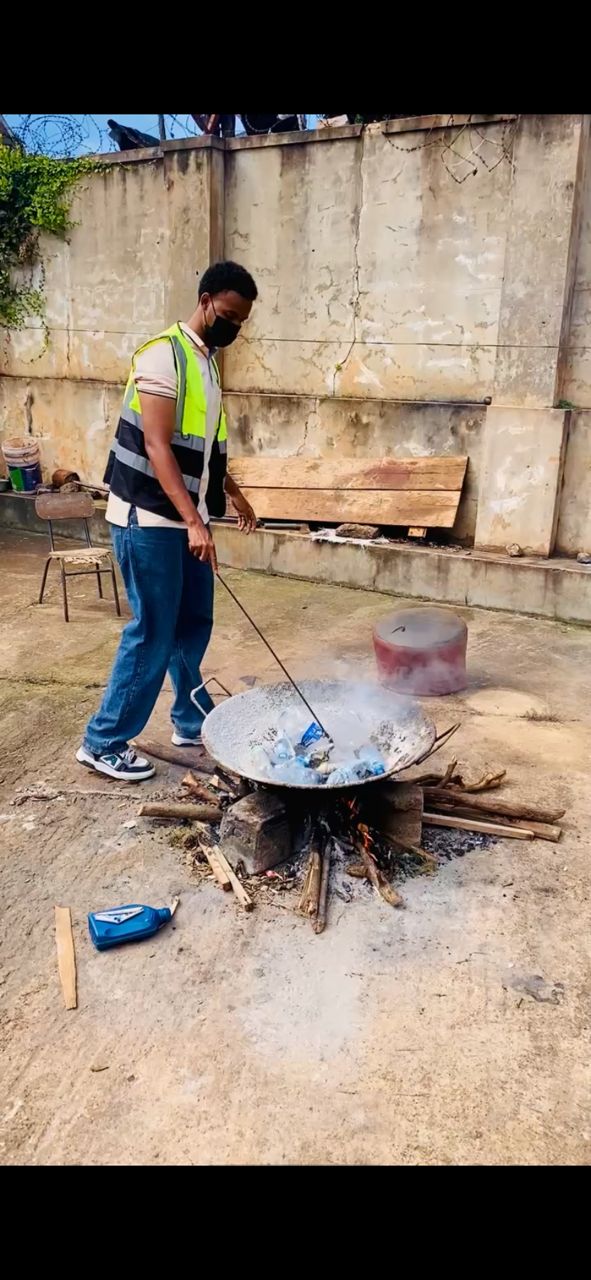 Recycled plastic being heated during pavement-block research